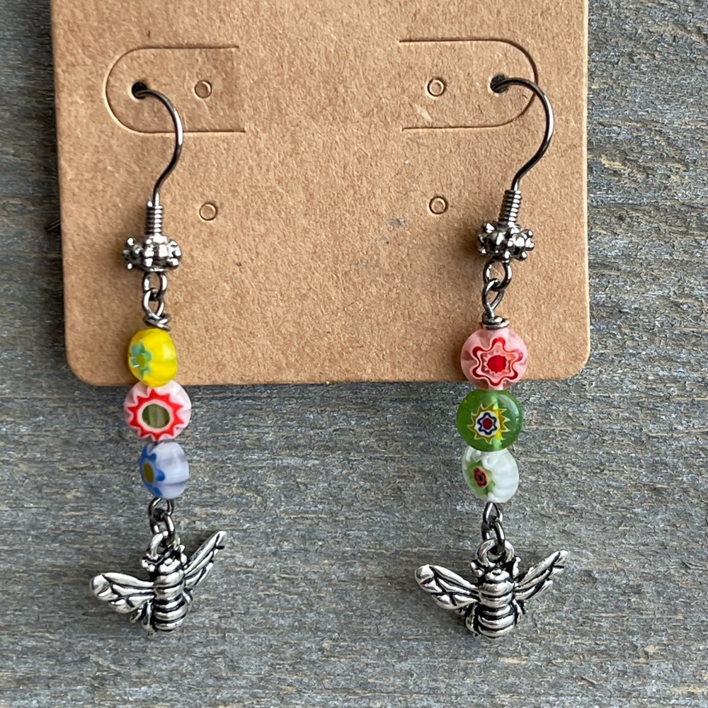 Vintage silver Bumblebee charm dangle earrings with Czech glass flower beads.